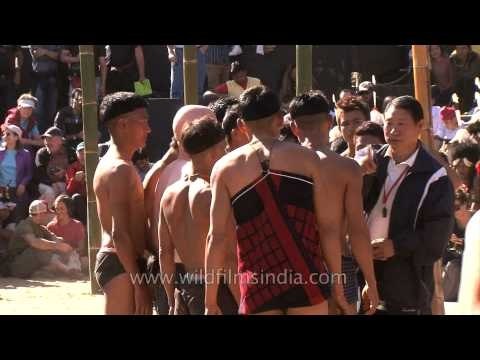 Greased bamboo pole climbing at the Hornbill festival, Nagaland