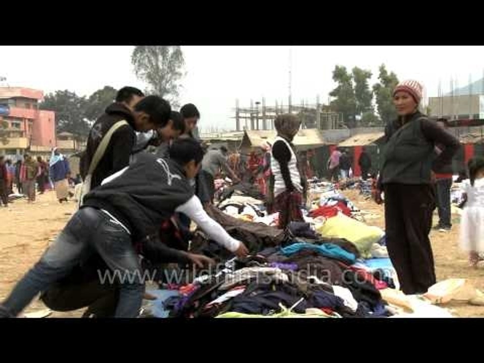 Winter clothes for sale at a flea market in Senapati District, Manipur