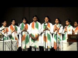Students welcome people with a song at Sangeet Samaroh