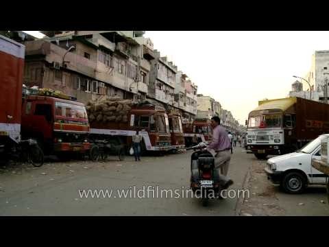 Trucks loaded with veggies for transporting at Azadpur mandi