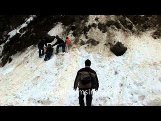 Tourists playing with snow in Mayodia, Arunachal Pradesh