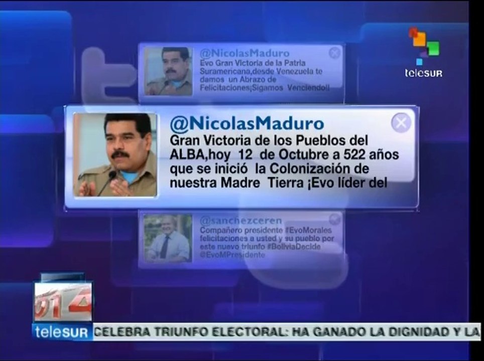 Felicita Nicolás Maduro a Evo Morales por su reelección en Bolivia