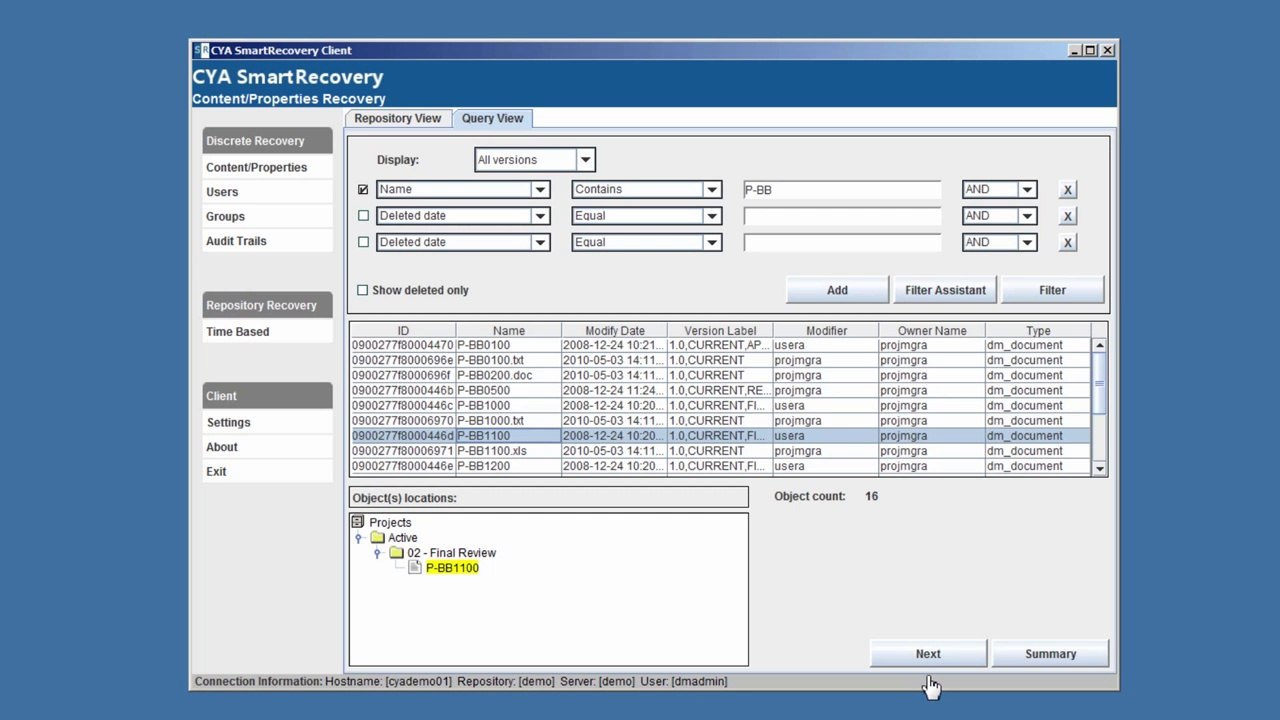 CYA SmartRecovery for EMC Documentum: A Demonstration