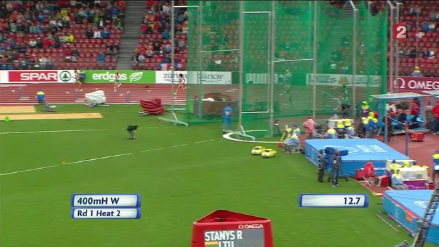 ChE 2014 athlétisme, série 400m haies F avec magnifique chute