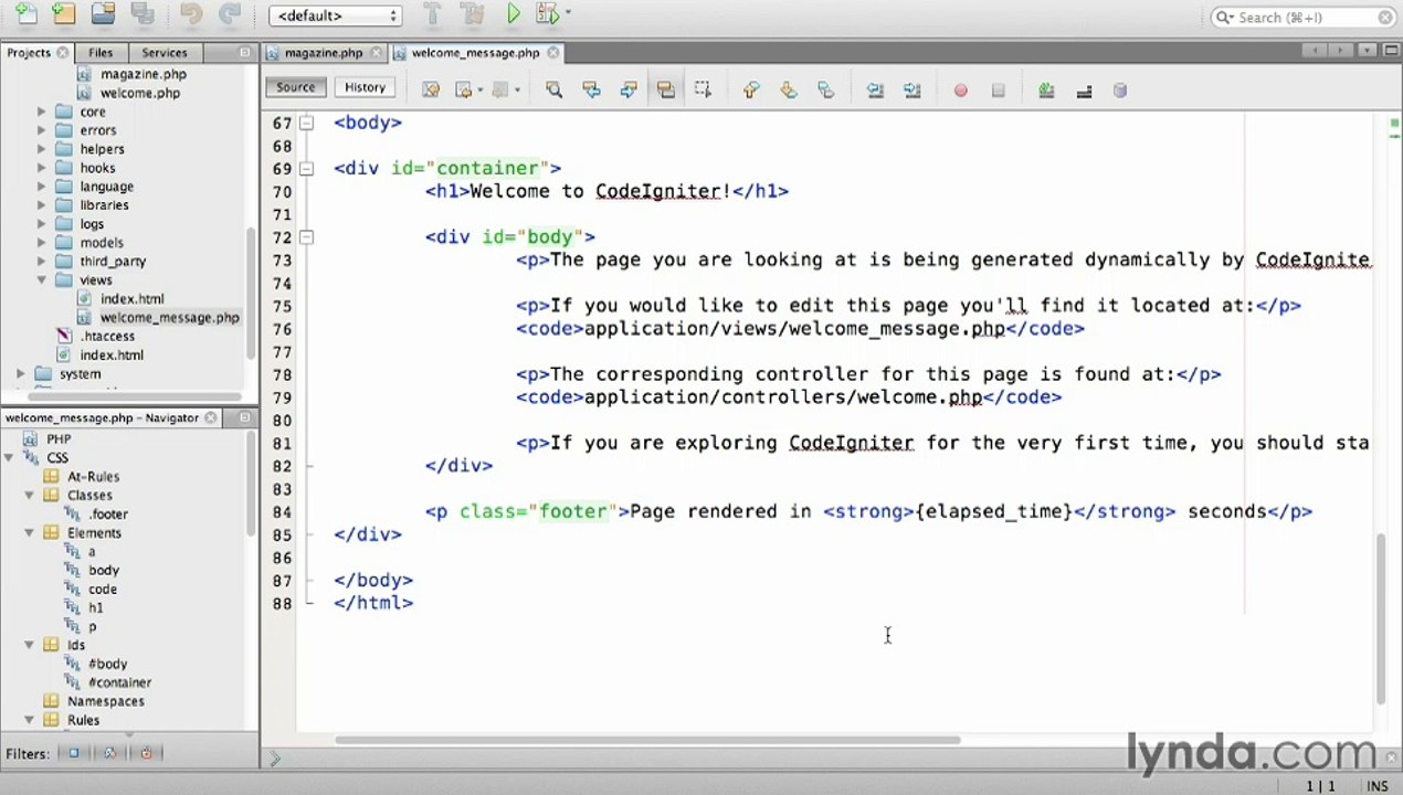Lynda. Up and Running with PHP CodeIgniter / Section 2 - 5. Generating output with a view