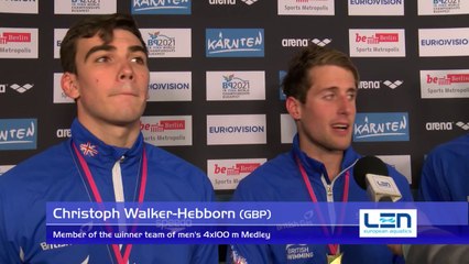 Benjamin Proud and Christoph Walker-Hebborn, members of the winner team of men's 4x100 m Medley – Day 12, Berlin 2014