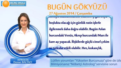 BALIK Burcu, GÜNLÜK Astroloji Yorumu,27 AĞUSTOS 2014, Astrolog DEMET BALTACI Bilinç Okulu