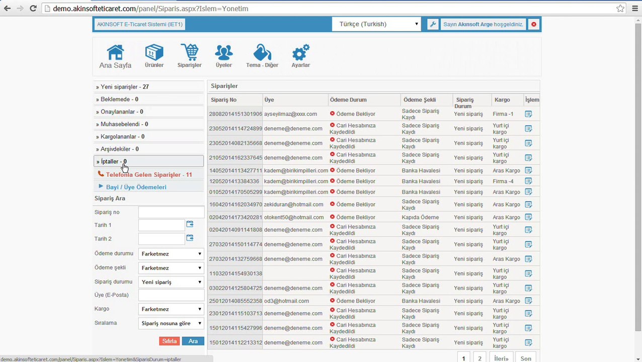 AKINSOFT E-Ticaret Üyeler ve Siparişler