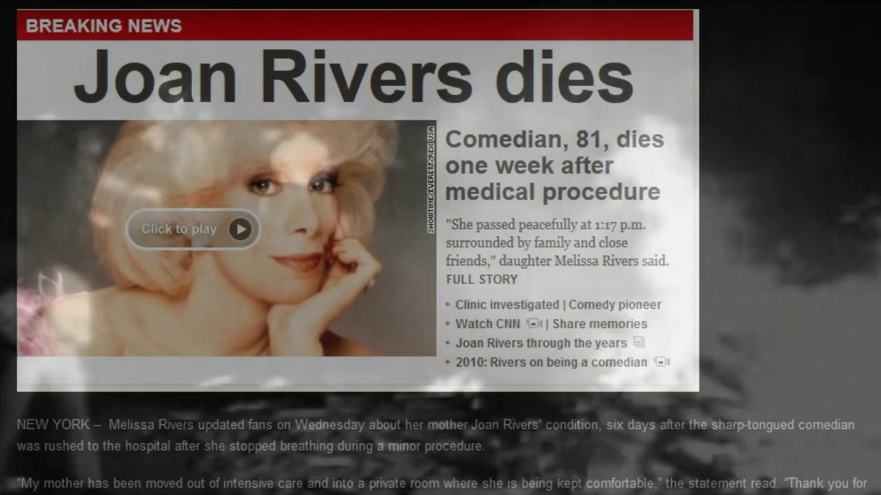 JOAN RIVERS DIES AT 81 MOVED OUT OF INTENSIVE CARE INTO PRIVATE ROOM