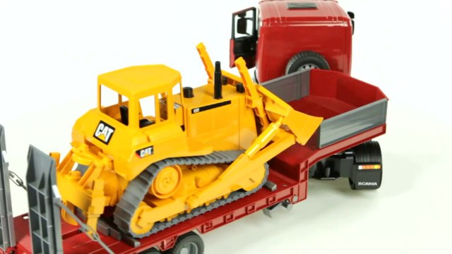 Scania R Series Low loader Truck with CAT Bulldozer -(Bruder 03555) - Muffin Songs' Toy Review