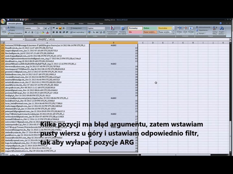 EXCEL 2007 - wyłuskanie adresu email z ciągu danych w jednej kolumnie