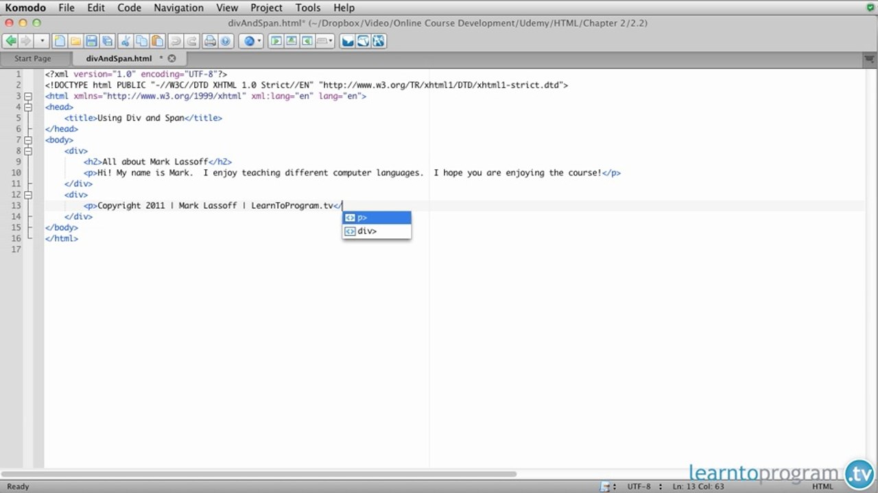 Div and Span Tags - HTML and CSS for Beginners (with HTML5) - LearnToProgram, Inc.