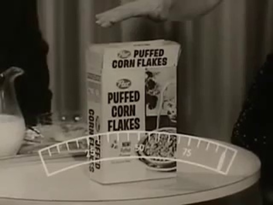 VINTAGE 1960 POST PUFFED CORN FLAKES COMMERCIAL ~ CHARACTER ACTORS JESSE WHITE & CLIFF NORTON
