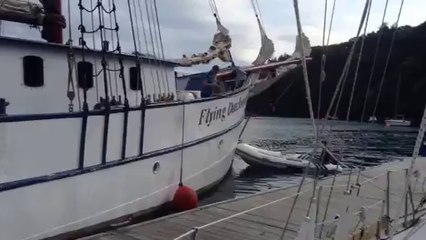 Andree Anne Rachel 2014:Video du départ du quai du Flying Dutchman, Goliath poussé par David le dinghy...