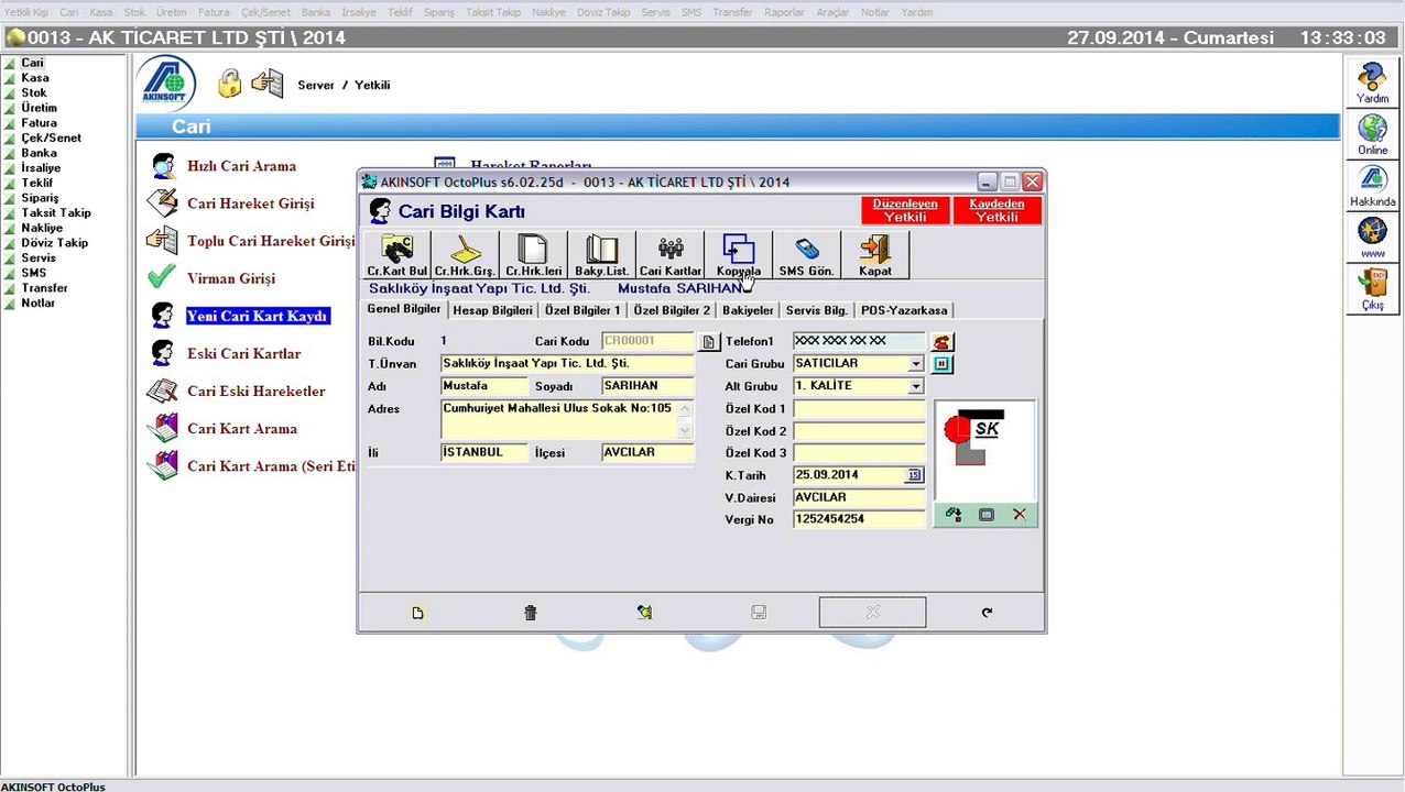AKINSOFT OctoPlus Cari Kart Kaydı