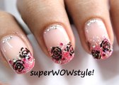 Toothpick Roses --  Dreamy Pink Glitter Tip French Manicure Nail Art designs (without tools/ no tools)