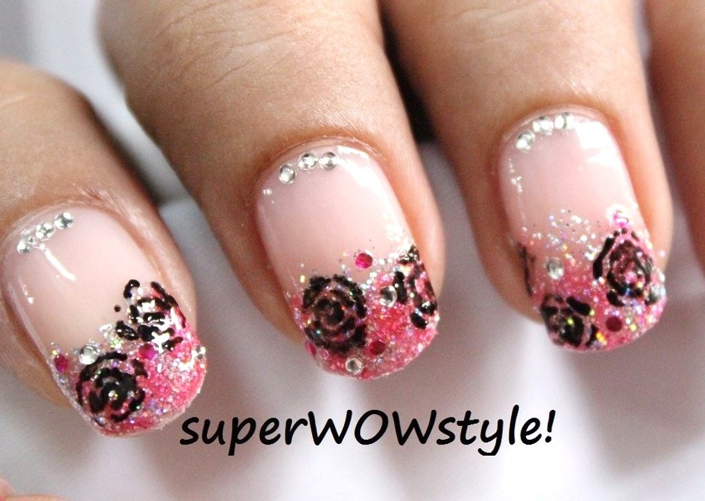 Toothpick Roses --  Dreamy Pink Glitter Tip French Manicure Nail Art designs (without tools/ no tools)