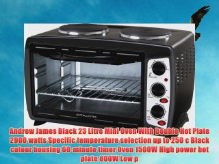 Andrew James Black 23 Litre Mini Oven And Grill With Double Hot Plates Includes 2 Year Warranty