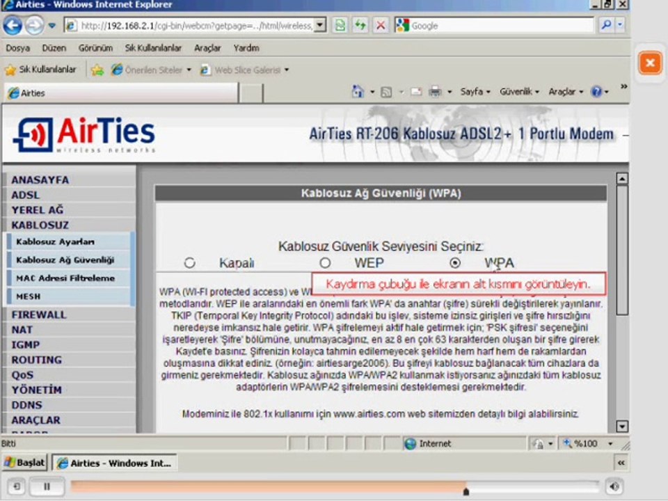 Airties RT-206 Modem bağlantı ayarları yapımı
