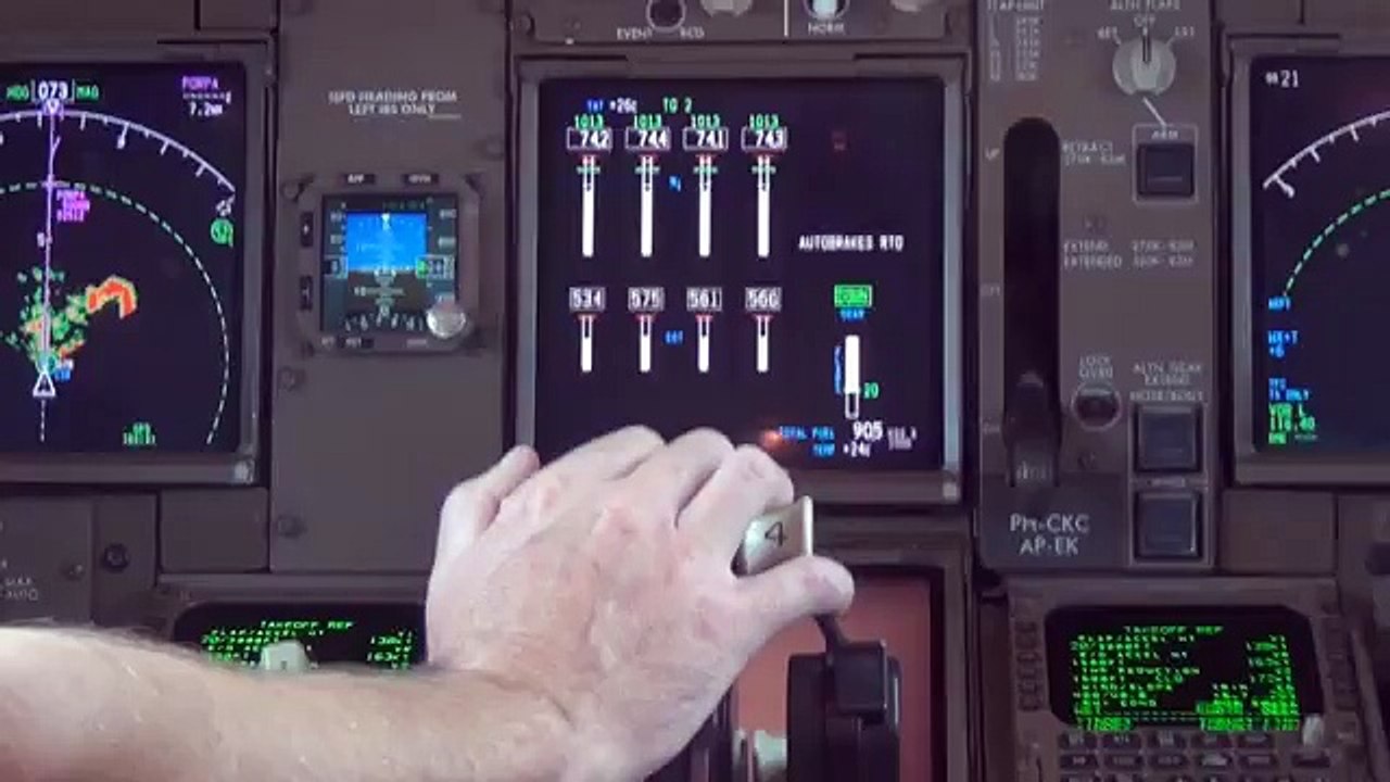 KLM Boeing 747-400F Cockpit - Hong Kong take off at morning