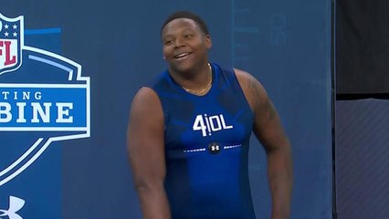 Trenton Brown falls down after vertical jump