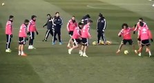 Cristiano Ronaldo , Benzema & Coentrão play header keepy ups during Rondos at Madrid training