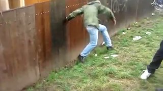 Drunk man climbs a huge slope