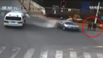 Ambulance Causes Freak Accident - Nearly Kills Two Pedestrians