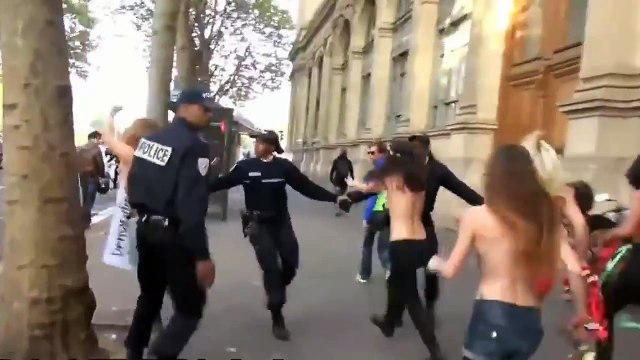 Riot policeman hits wall headfirst when confronted with dozens of topless Femen protesters