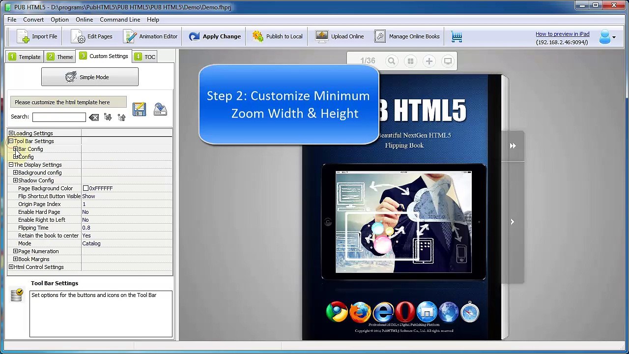 Where can I change the minimum zoom width and height for my page flipping book?
