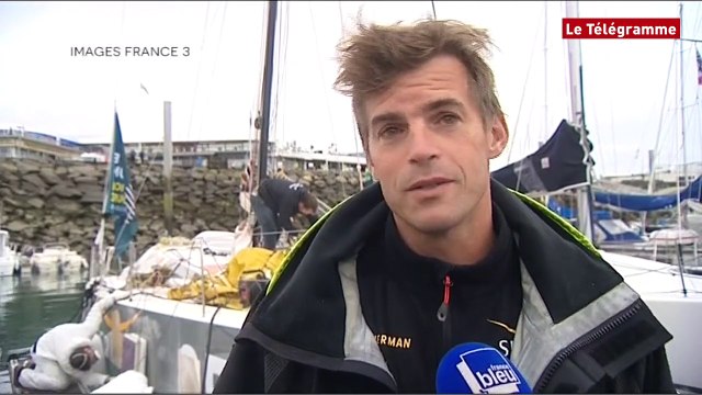 Route du Rhum. Jean Galfione en escale technique à Saint-Quay-Portrieux (22)