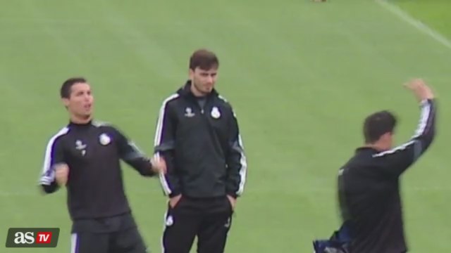 Cristiano Ronaldo joking with James Rodriguez after Marcelo Amazing Nutmeg