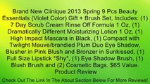 Brand New Clinique 2013 Spring 9 Pcs Beauty Essentials (Violet Color) Gift   Brush Set, Includes: (1) 7 Day Scrub Cream Rinse Off Formula 1 Oz, (1) Dramatically Different Moisturizing Lotion 1 Oz, (1) High Impact Mascara in Black, (1) Compact with Twiligh