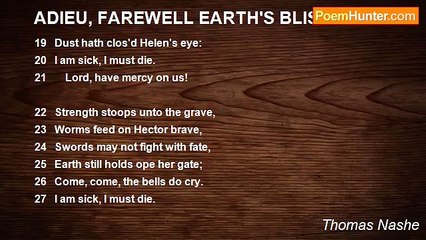 Thomas Nashe - ADIEU, FAREWELL EARTH'S BLISS