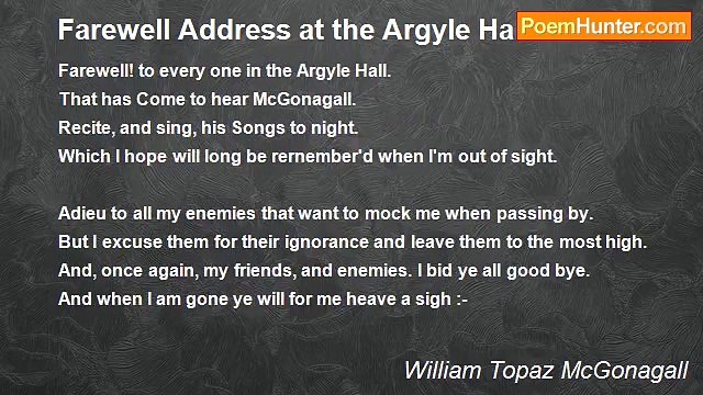 William Topaz McGonagall - Farewell Address at the Argyle Hall