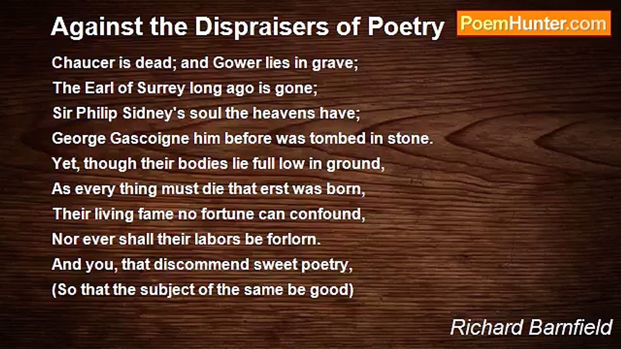 Richard Barnfield - Against the Dispraisers of Poetry