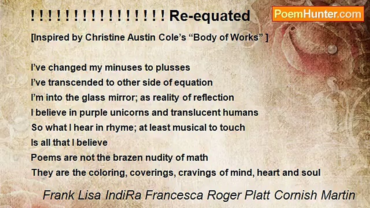 Frank Lisa IndiRa Francesca Roger Platt Cornish Martin - ! ! ! ! ! ! ! ! ! ! ! ! ! ! ! ! Re-equated