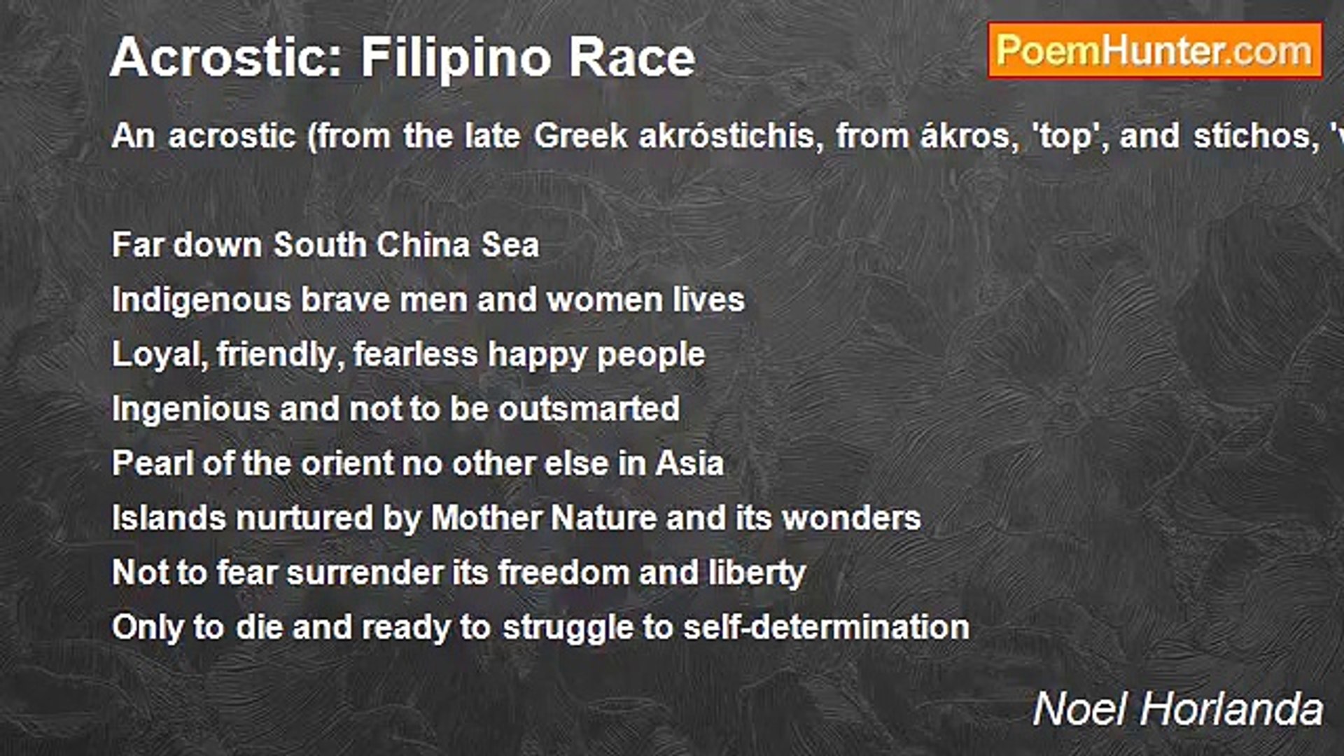 Noel Horlanda - Acrostic: Filipino Race