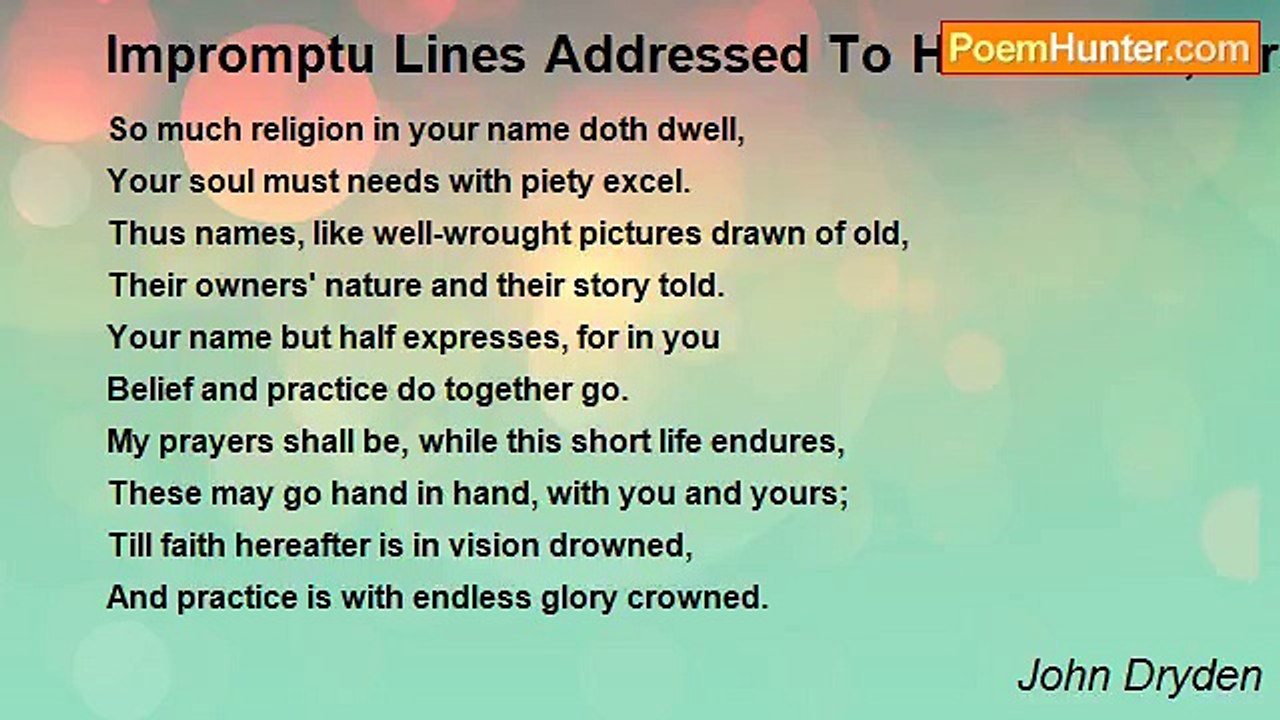John Dryden - Impromptu Lines Addressed To His Cousin, Mrs. Creed, In A Conversation After Dinner On The Origin Of Names