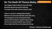 William Stanley Braithwaite - On The Death Of Thomas Bailey Aldrich