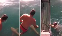 Un homme saute sur un requin tigre