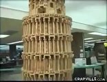 Clumsy Reporter Knocks Down Jenga Tower