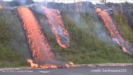 Hawaii Lava Flow reaches Transfer Station - Flowing downhill to Road