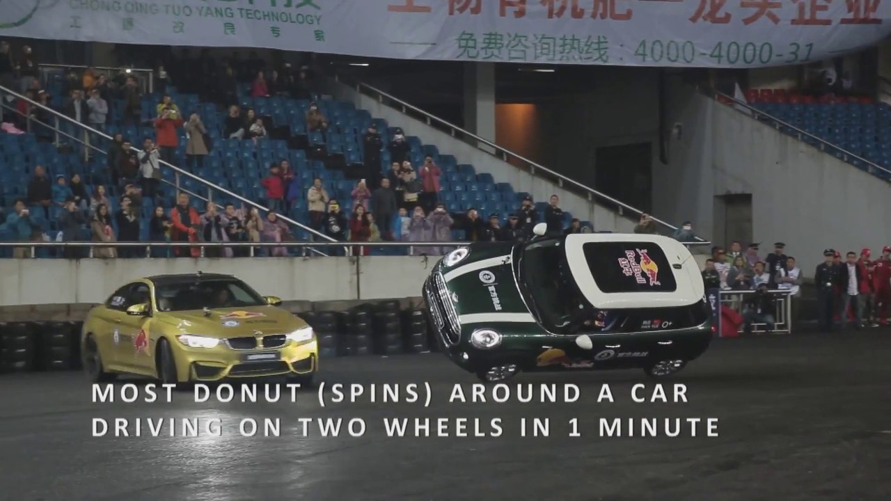 New amazing World record : Most donuts (drift spins) around a car driving on two wheels