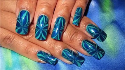 Blue And Green Star Water marble Nails Art.