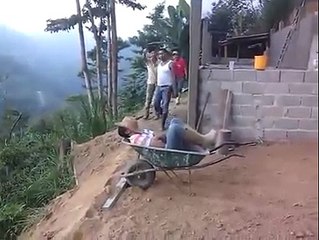 The man faill down by friend in forest so funny