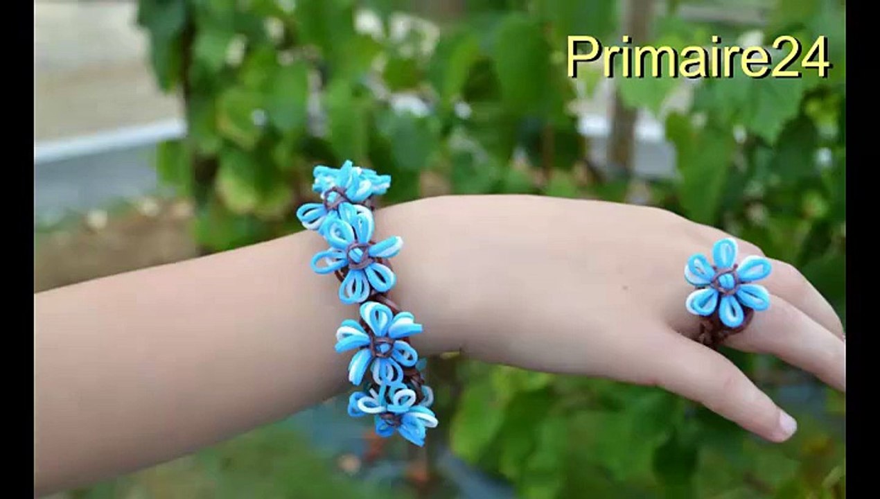 Bracelet et bague en élastiques avec fleurs "Bleuets" rainbow loom style DIY