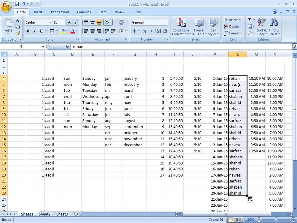 Microsoft Office Excel 2007 Tutorial in Urdu name print randomly find replace Class 31