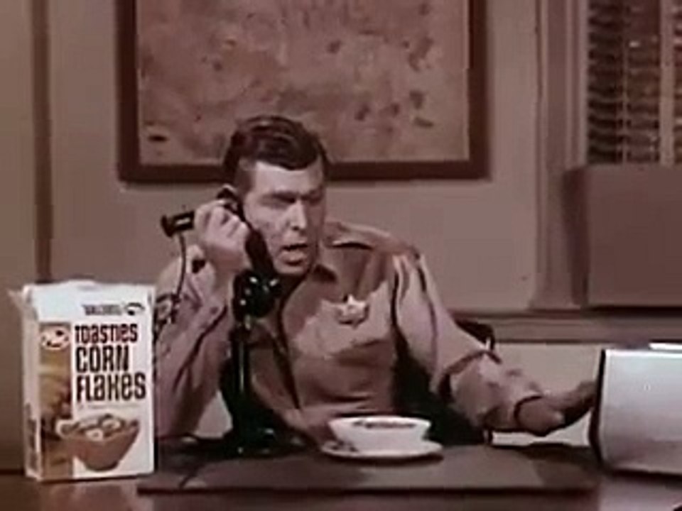 VINTAGE MID 60s POST TOASTIES AD ~ ANDY GRIFFITH WITH A CANDLESTICK PHONE WITH VIDEO CAPABILITY
