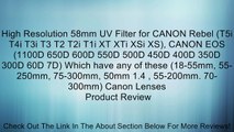High Resolution 58mm UV Filter for CANON Rebel (T5i T4i T3i T3 T2 T2i T1i XT XTi XSi XS), CANON EOS (1100D 650D 600D 550D 500D 450D 400D 350D 300D 60D 7D) Which have any of these (18-55mm, 55-250mm, 75-300mm, 50mm 1.4 , 55-200mm. 70-300mm) Canon Lenses Re